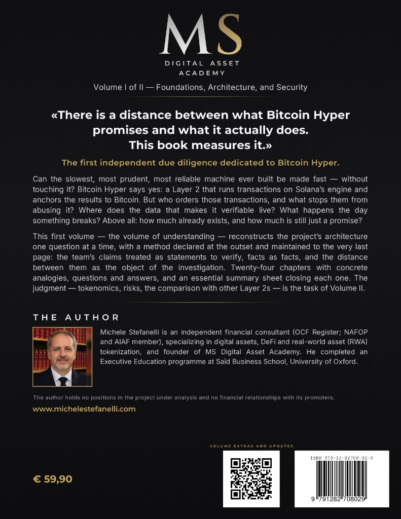 Quatrième de couverture de « Due Diligence of a Layer 2 – The Bitcoin Hyper Case, Volume I », de Michele Stefanelli